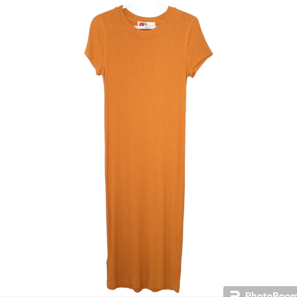 Free People Ribbed Midi Dress in Mustard Orange